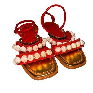 Tory Burch Shell Embellished Red Strappy Sandals Gold Accents Size 9